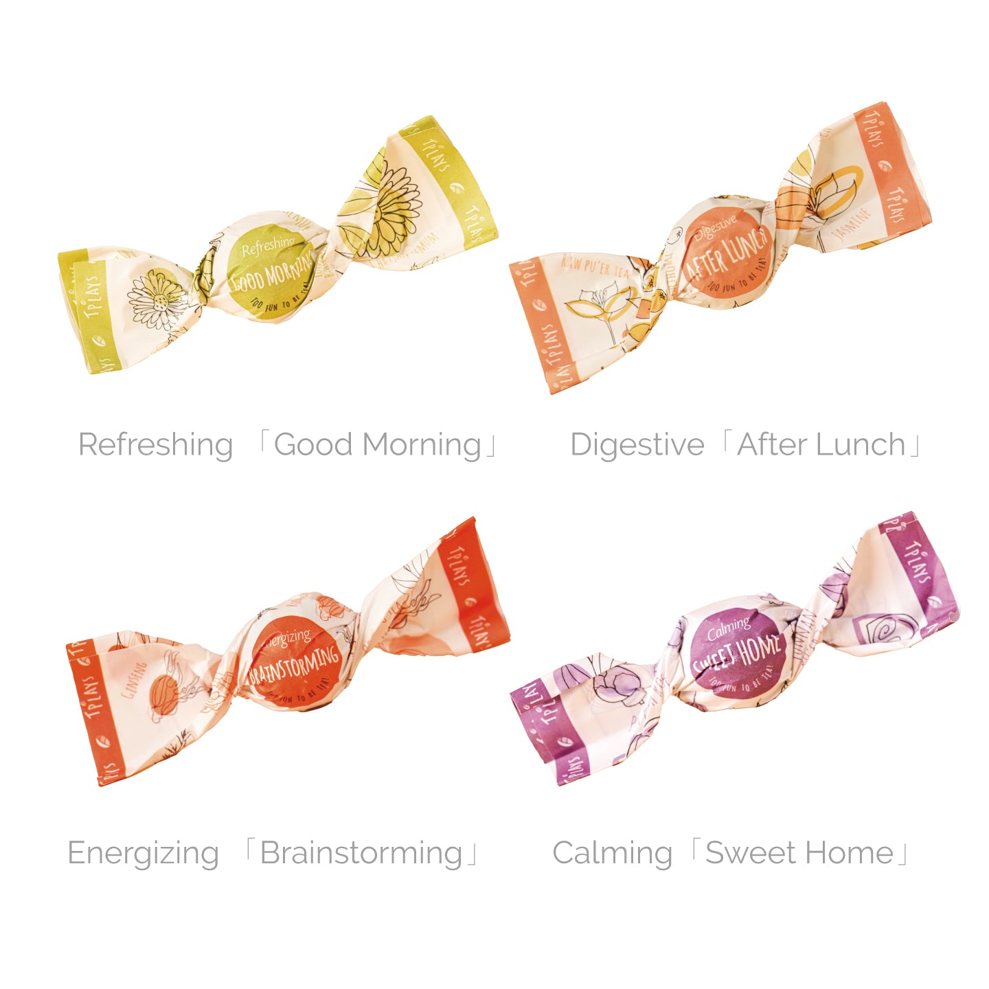 Tea Bonbon 4 unique candy wrapped tea bonbon flavors display