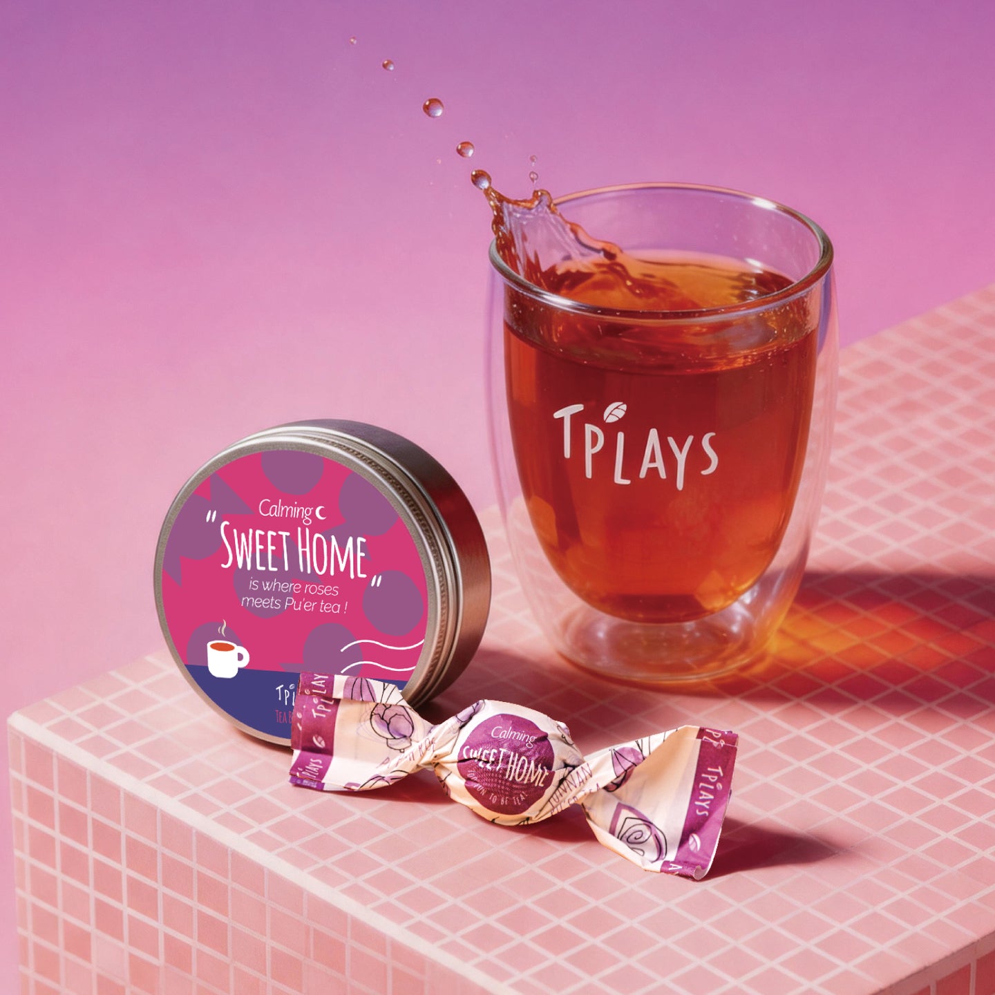 Tea Bonbon Calming Sweet Home tin with brewed rose Pu'er tea glass