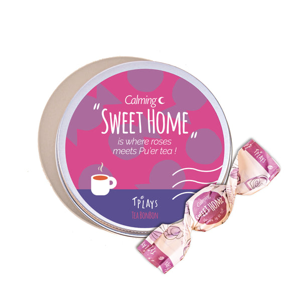 Tea Bonbon Calming Sweet Home pink round tin container front view